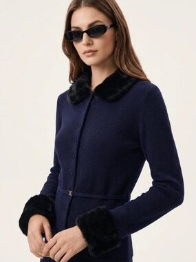 Zara Navy Coat with Black Faux-Fur Trim